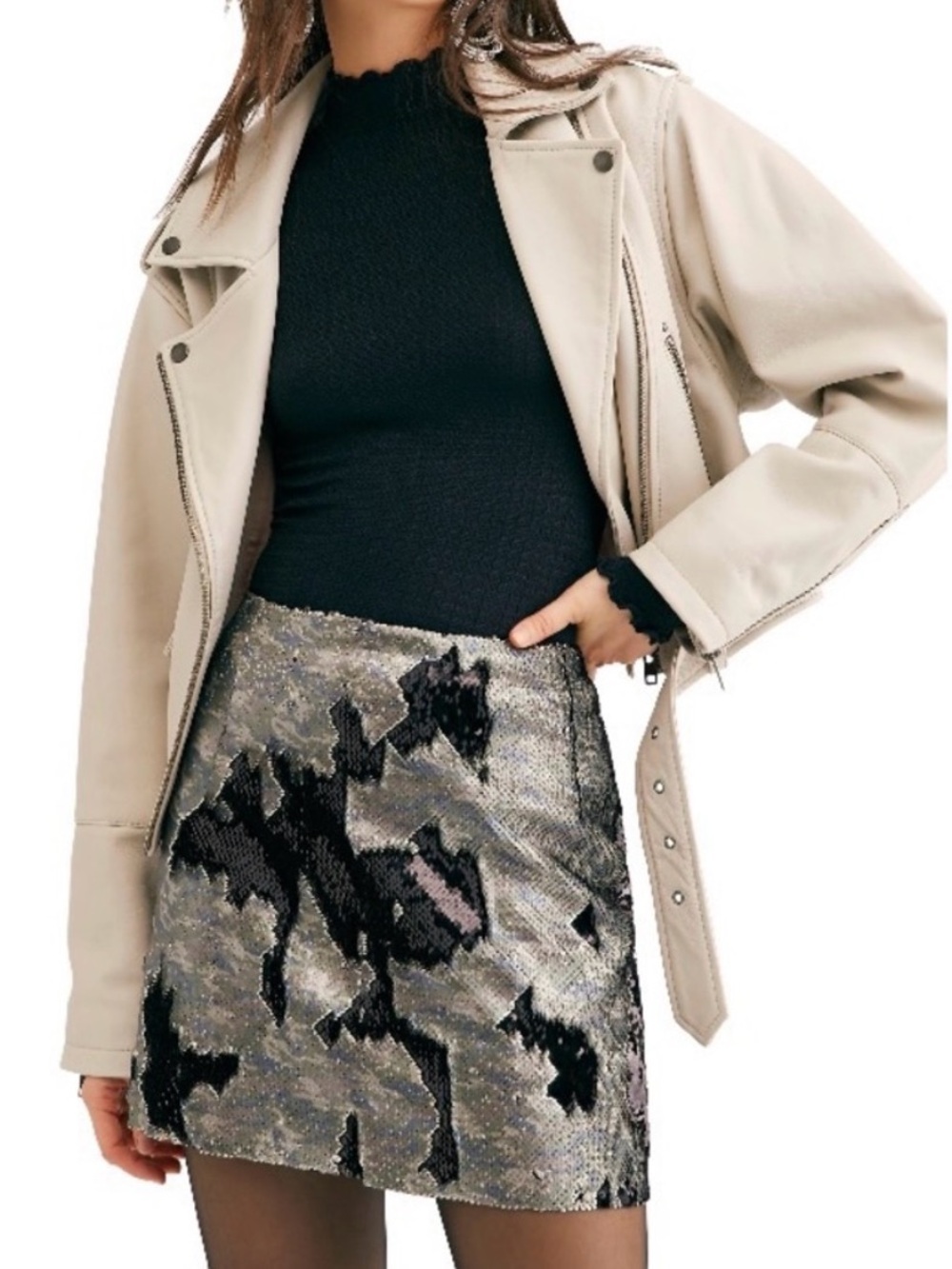 Free People Skinny Sequin Mini Skirt Silver Camo Sparkly‎ Party Skirt Size 10